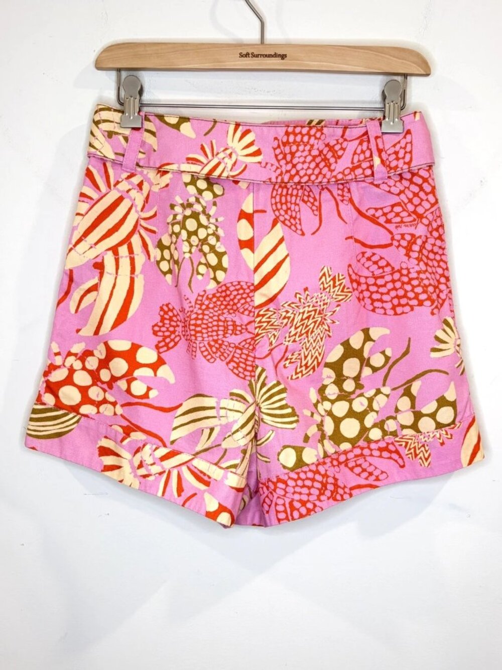 Farm Rio Mixed Lobster Belted Shorts Sz S Pink Pleated High Waist Tropical Beach - Picture 5 of 16